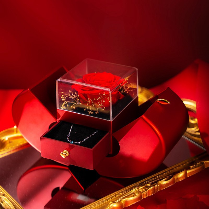Red Apple Eternal Rose Jewellery Box with Necklace – Heart-Shaped Gift