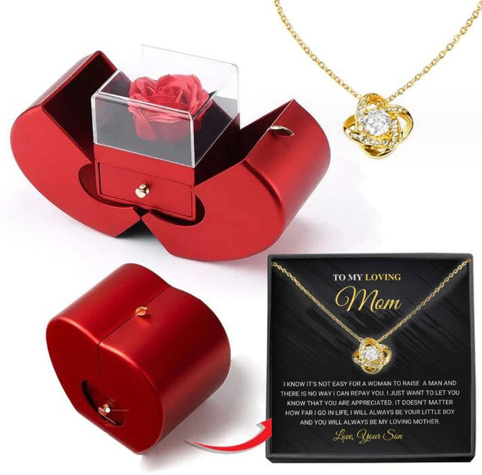 Red Apple Eternal Rose Jewellery Box with Necklace – Heart-Shaped Gift