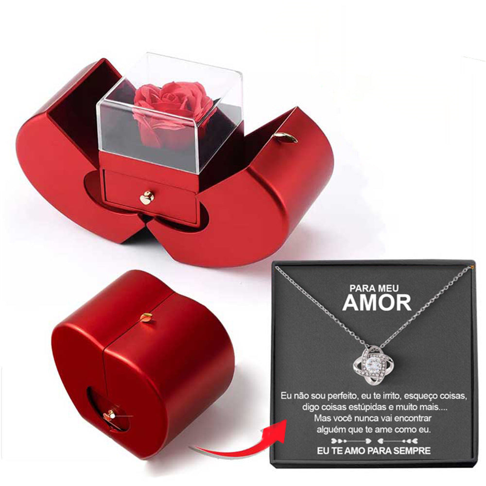 Red Apple Eternal Rose Jewellery Box with Necklace – Heart-Shaped Gift