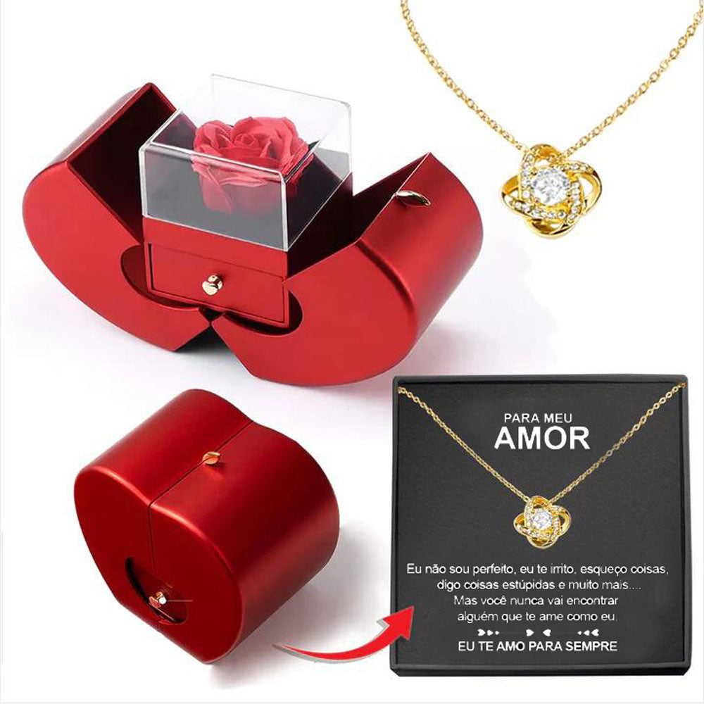 Red Apple Eternal Rose Jewellery Box with Necklace – Heart-Shaped Gift