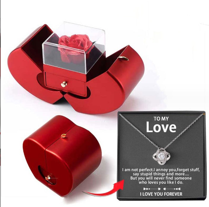 Red Apple Eternal Rose Jewellery Box with Necklace – Heart-Shaped Gift
