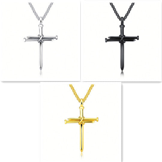 Steel Gold & Black Iron Nail Cross Pendant Necklace