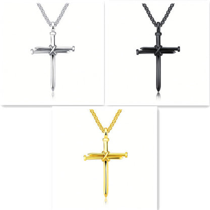 Steel Gold & Black Iron Nail Cross Pendant Necklace