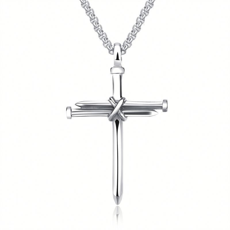 Steel Gold & Black Iron Nail Cross Pendant Necklace