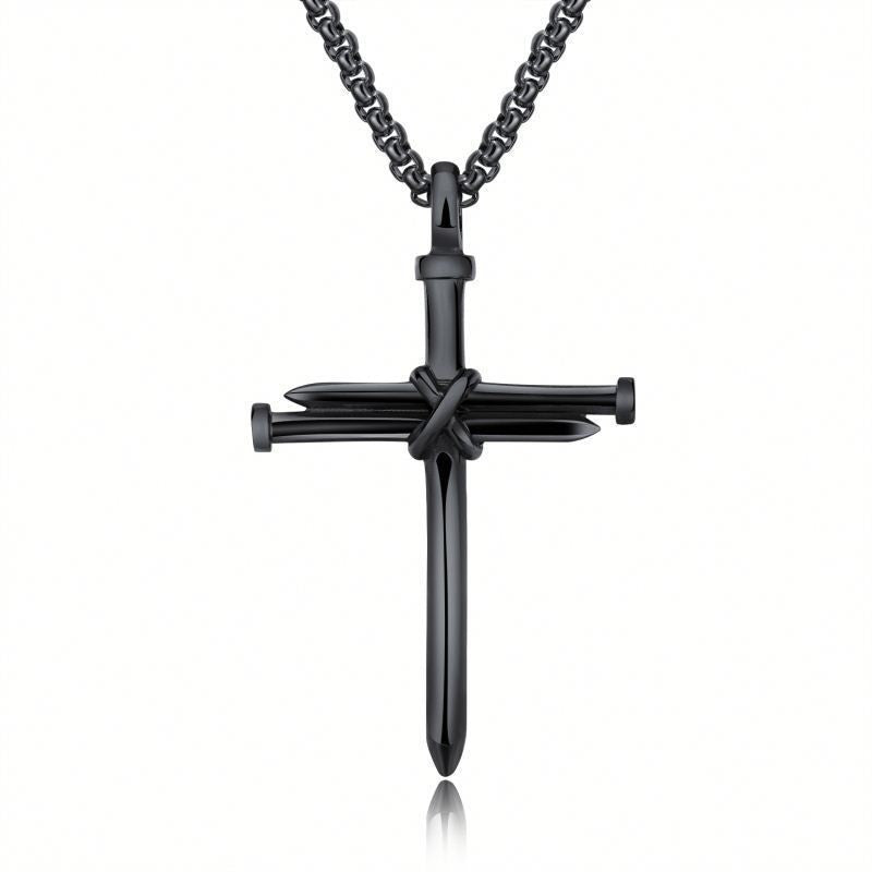 Steel Gold & Black Iron Nail Cross Pendant Necklace