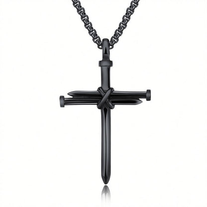 Steel Gold & Black Iron Nail Cross Pendant Necklace