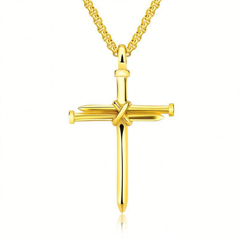 Steel Gold & Black Iron Nail Cross Pendant Necklace