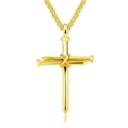 Steel Gold & Black Iron Nail Cross Pendant Necklace