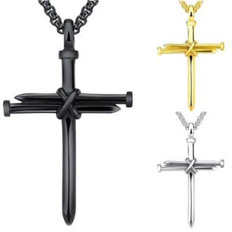 Steel Gold & Black Iron Nail Cross Pendant Necklace