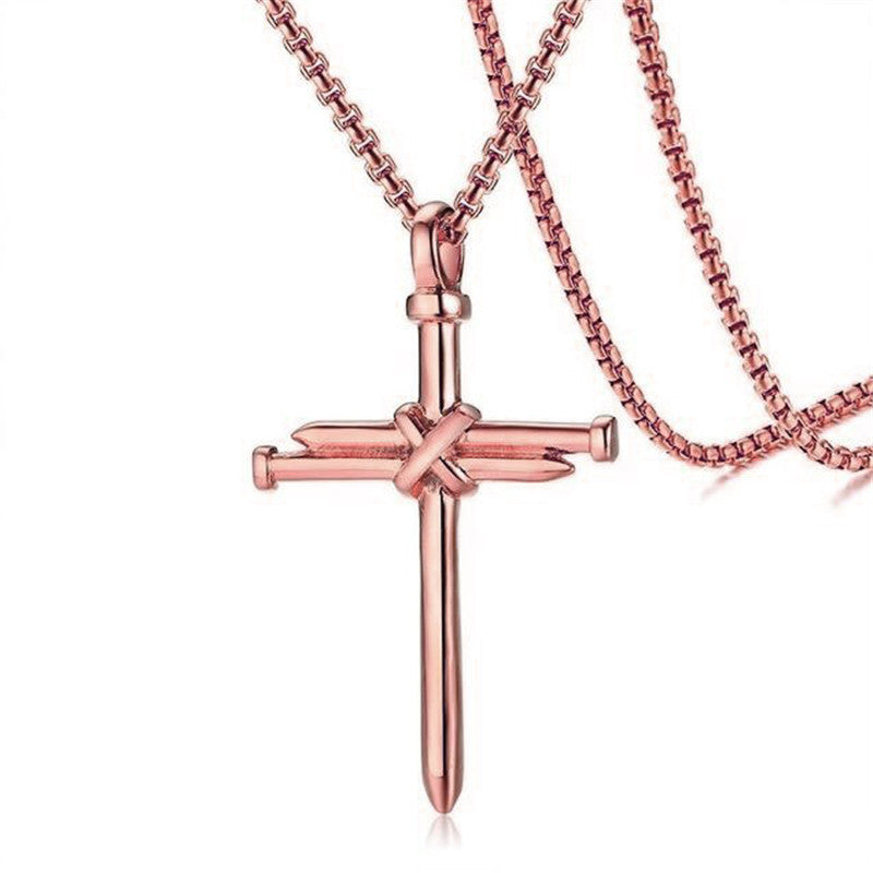 Steel Gold & Black Iron Nail Cross Pendant Necklace