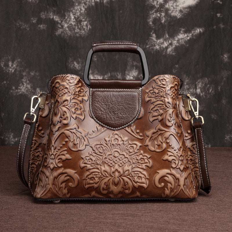 Genuine Leather Handbag – Embossed Cowhide Fashion Messenger Bag