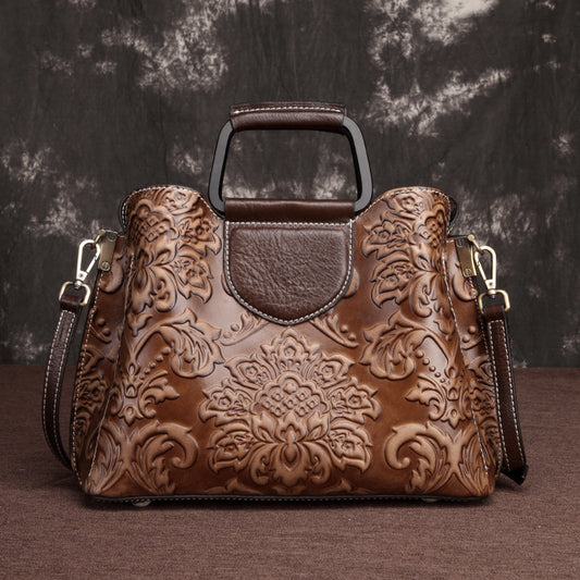 Genuine Leather Handbag – Embossed Cowhide Fashion Messenger Bag