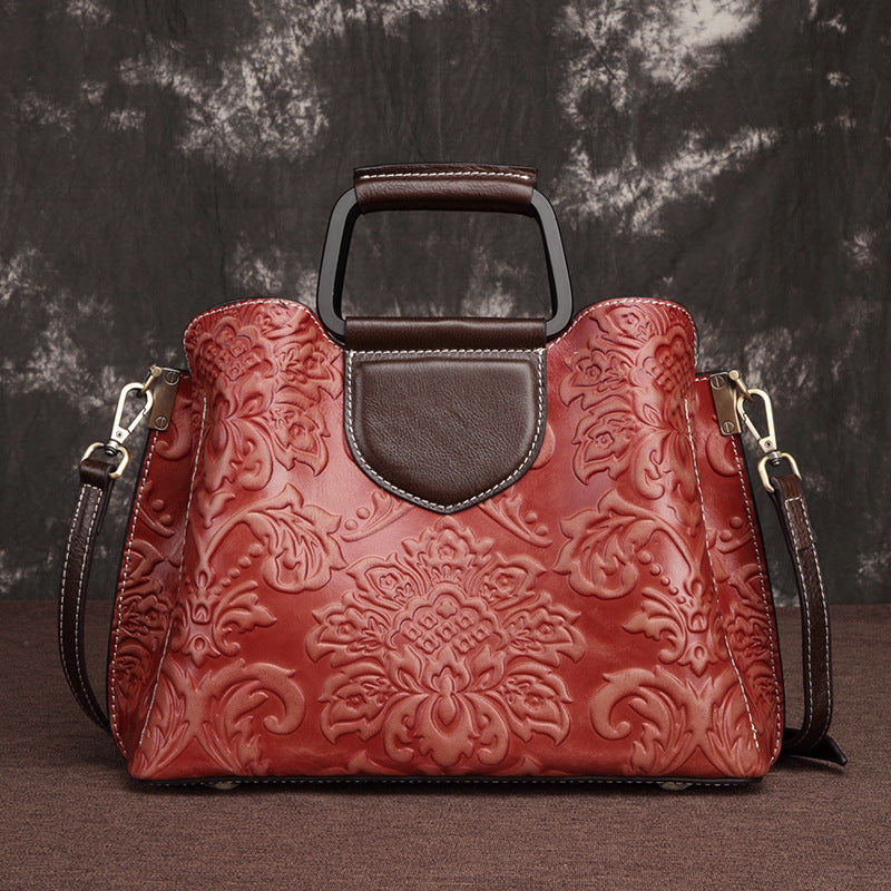 Genuine Leather Handbag – Embossed Cowhide Fashion Messenger Bag