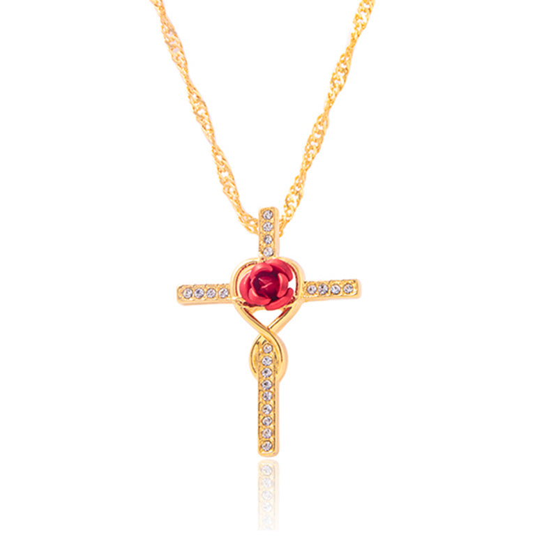 Lyrah –  Crystal Cross Rose Necklace