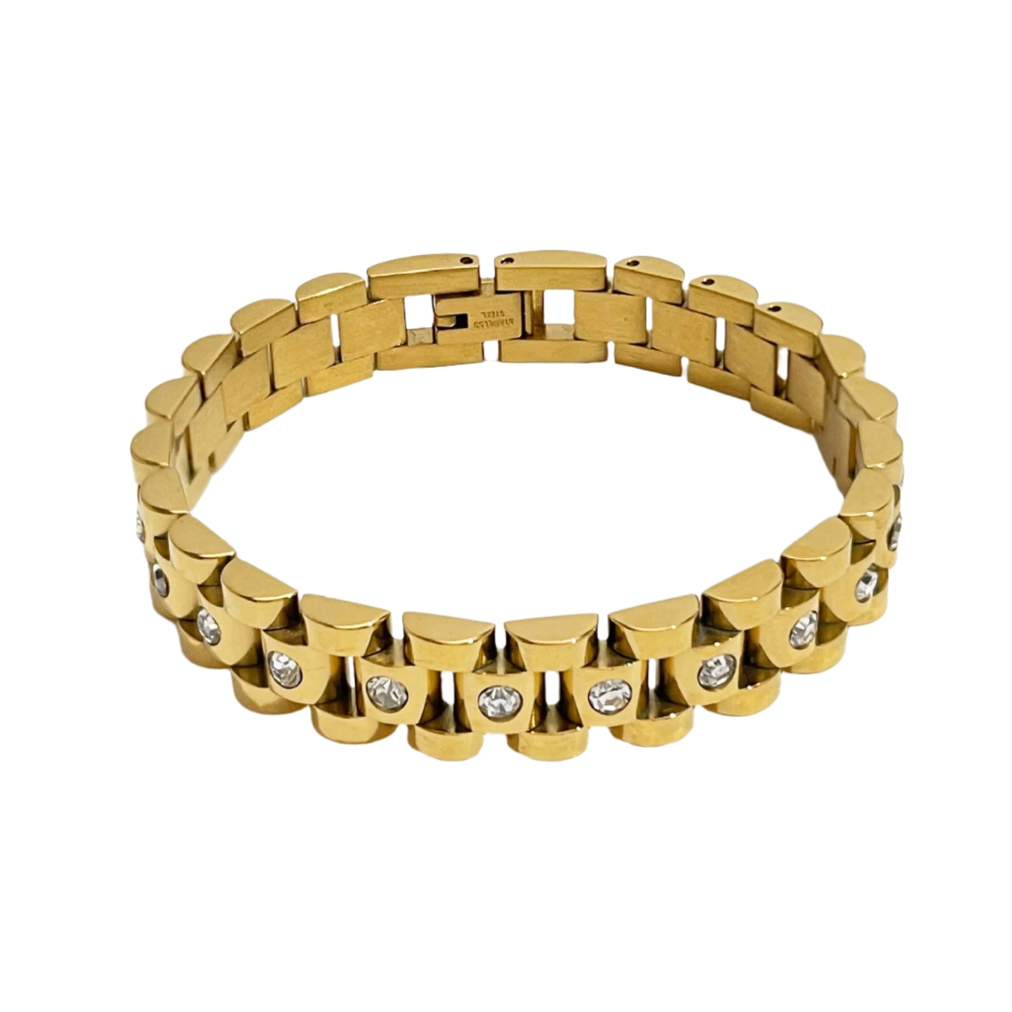 Gold bracelet with diamond accents on a white background