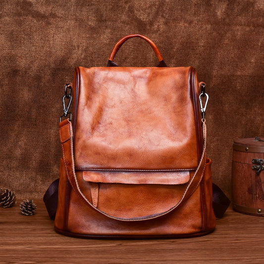 Luxury cowhide leather anti-theft backpack with hidden zip and large capacity – ideal for ladies’ travel and daily use.