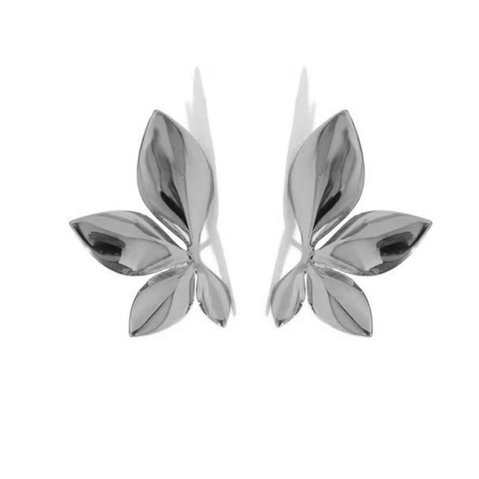 Silver leaf-shaped earrings on a white background