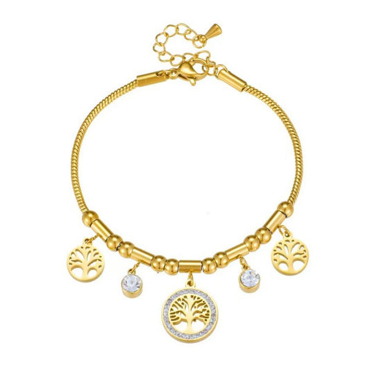 Gold bracelet with tree-shaped charms on a white background