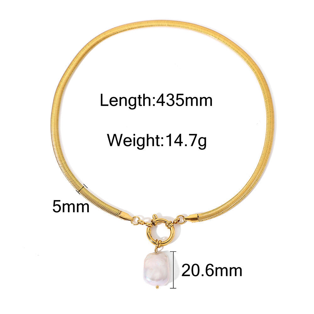 Gold bracelet with pearl charm and measurement details on a white background