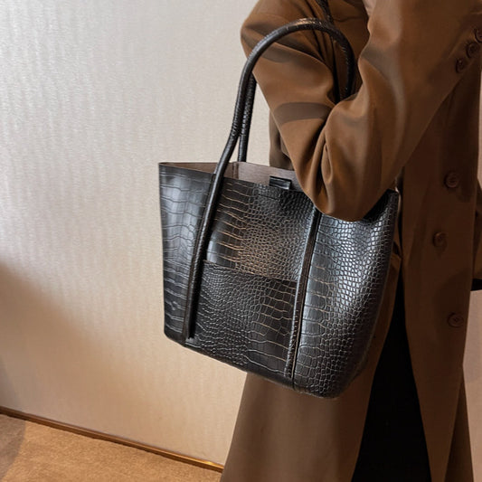 Textured faux leather shoulder tote bag set in black, beige, brown, coffee and green – perfect for commuting, work, or casual wear.