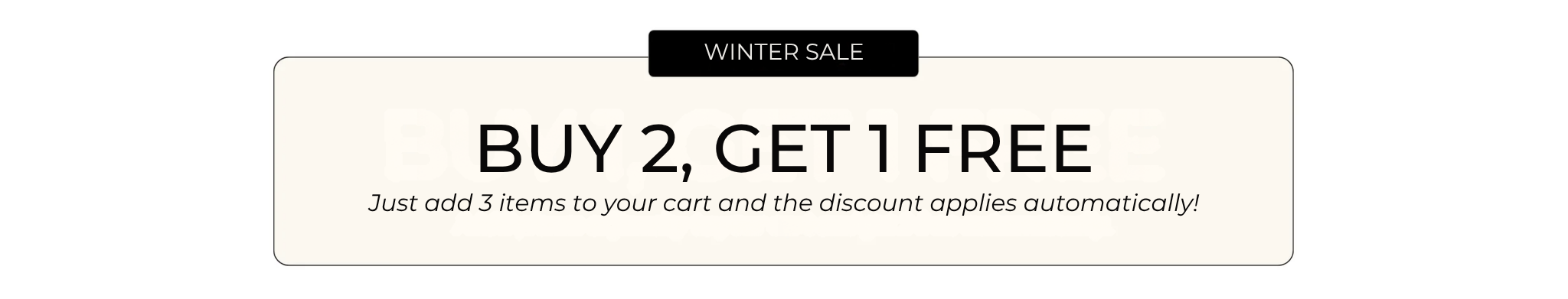 Winter sale banner with 'Buy 2, Get 1 Free' offer on a white background