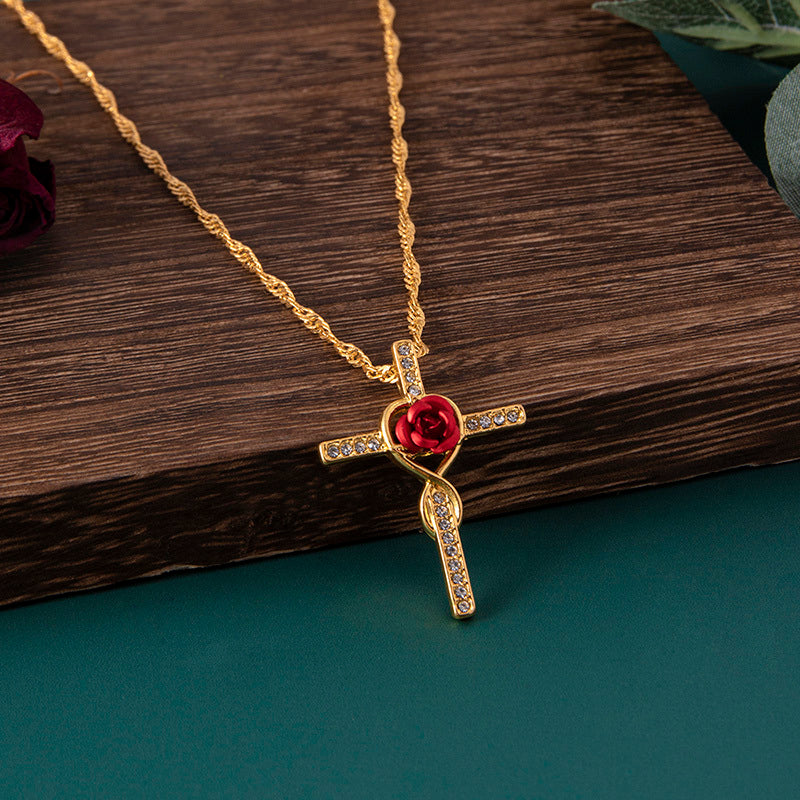 Lyrah –  Crystal Cross Rose Necklace