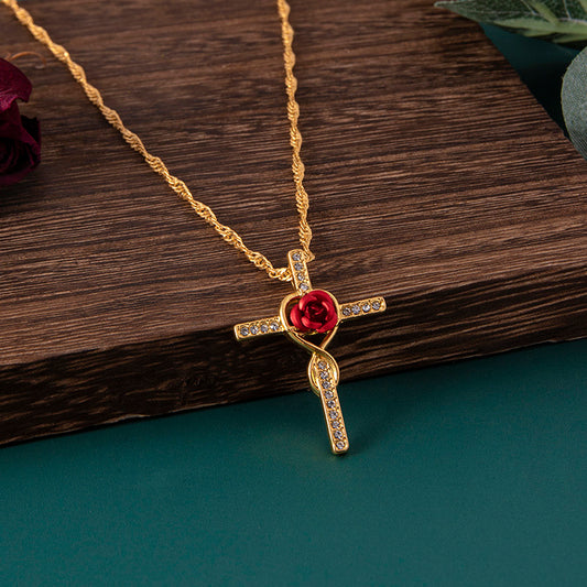 Lyrah –  Crystal Cross Rose Necklace